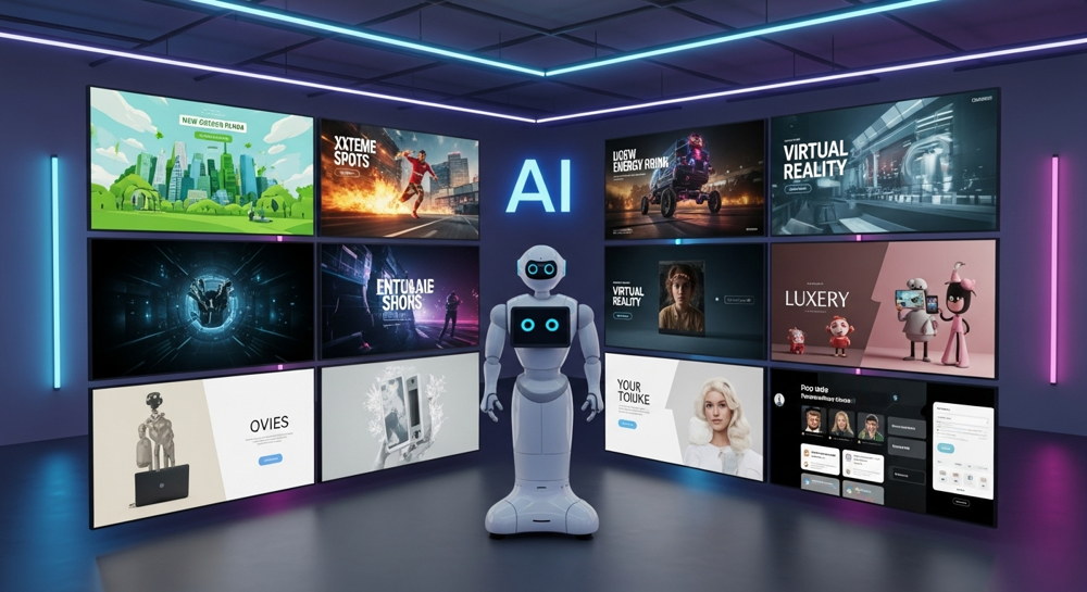 A futuristic marketing team collaborating with an AI robot to rapidly generate diverse video content, displaying multiple screens with dynamic videos, colorful, energetic, digital art.
