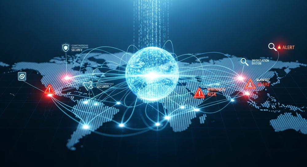 Abstract image depicting real-time data flow and alerts for sanctions compliance, with dynamic digital elements and global map overlay, symbolizing continuous monitoring and risk management. Professional, clean, and modern aesthetic.