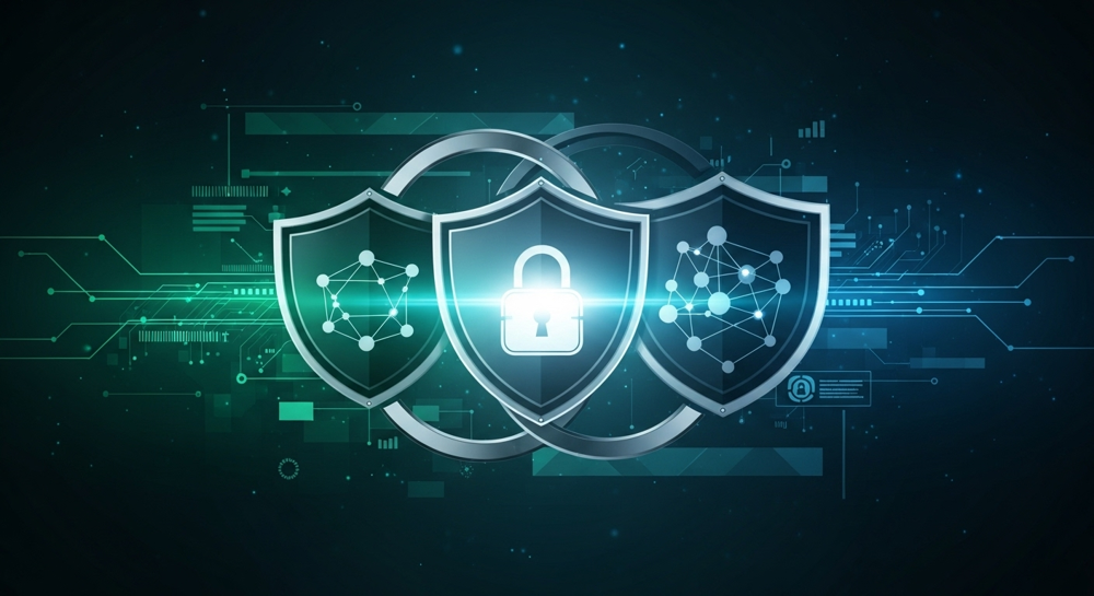 An abstract, futuristic visual representing digital security and trust, with interlocking shield or network symbols, a lock icon, and subtle representations of data flow or user interfaces. The color palette should evoke reliability and protection, perhaps with blues, greens, and silvers.