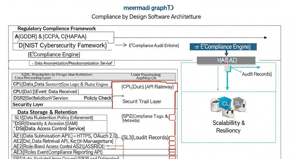 A digital blueprint or schematic diagram overlaid with regulatory compliance symbols and API endpoints, illustrating the concept of "Compliance by Design" in software architecture. Include elements representing data flow, security, and scalability.