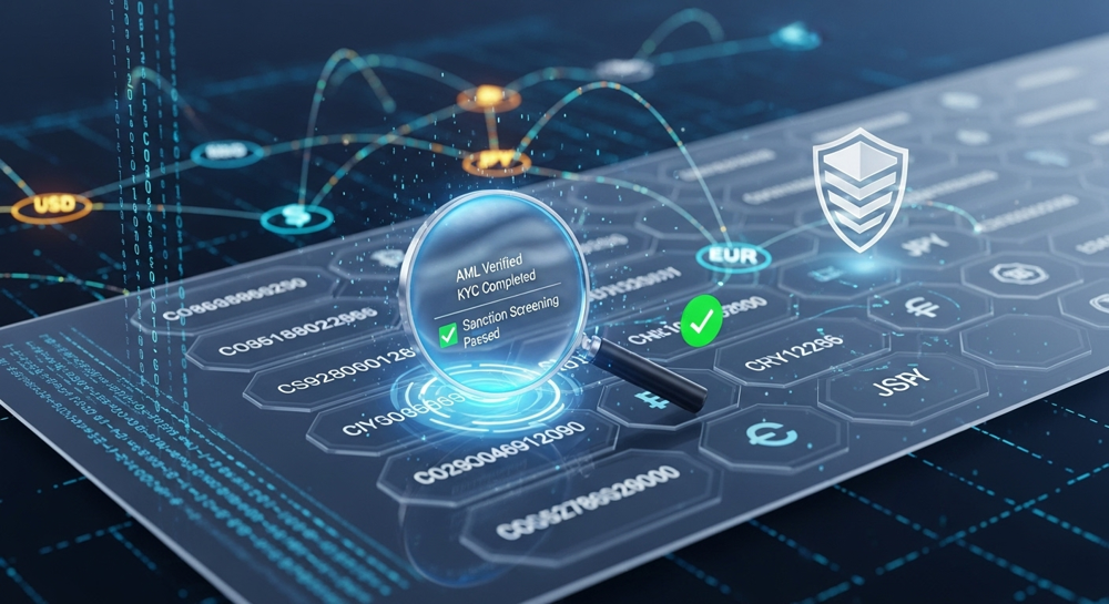 A digital ledger showing cryptocurrency transactions, with security overlays and a magnifying glass highlighting compliance. In the background, abstract representations of a global financial network. Futuristic, clean, secure.