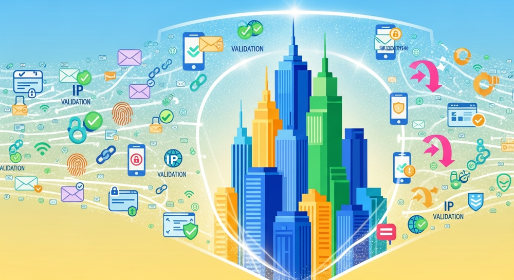 A vibrant, abstract digital illustration showing clean, organized data flowing seamlessly, with elements representing email, mobile, IP, and browser validation, forming a strong, protective shield around a thriving business cityscape. The color palette should be bright and optimistic.