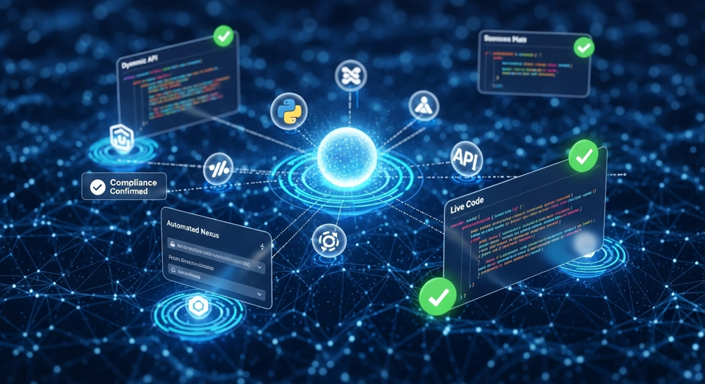 A digital toolkit with glowing API symbols, code snippets, and compliance checkmarks overlaying a seamless network, futuristic, high-tech, vibrant colors, emphasizing ease of use and automation.