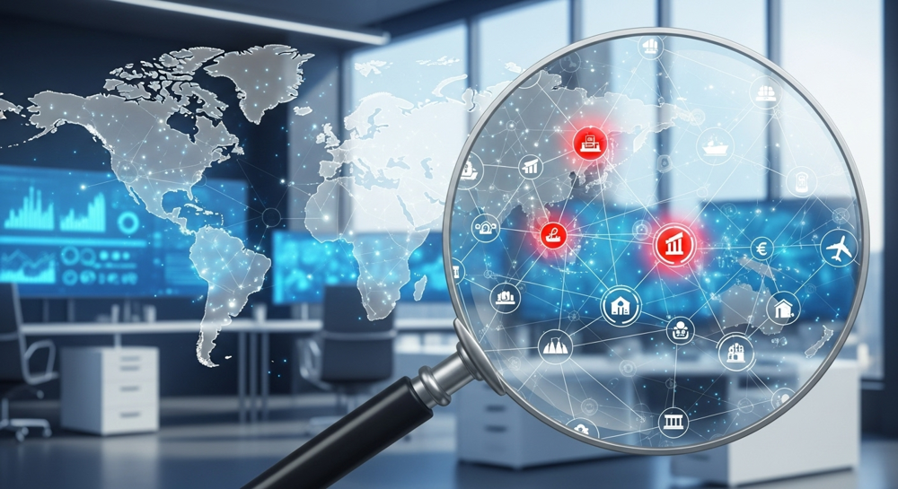A digital illustration showing a magnifying glass over a network of interconnected businesses, with some entities highlighted in red, signifying a sanctions check. The background is a clean, modern corporate office environment with global map overlays, emphasizing international reach and compliance.