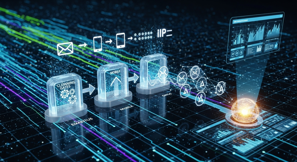An abstract, futuristic visual representing data flowing through an automated system, with symbols for email, mobile, and IP addresses being cleaned and validated, leading to a polished, insightful output. Use a color scheme that suggests efficiency and intelligence.