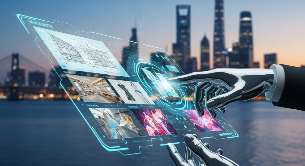 A futuristic hand interacting with a glowing holographic interface, generating diverse visual assets instantly, symbolizing rapid creative workflows and AI innovation, with elements of a city skyline in the background.