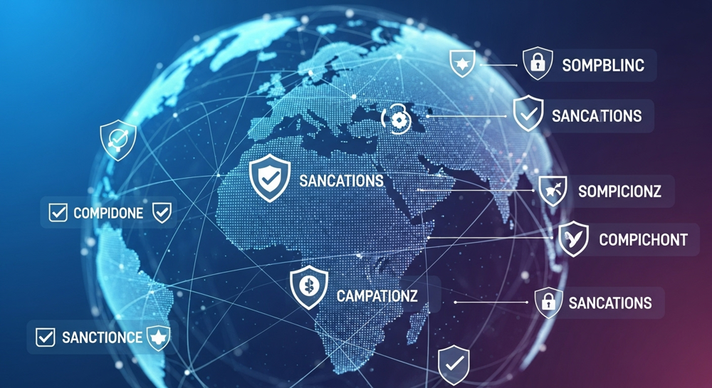 Abstract digital globe with interconnected lines, overlaid with shield icons and compliance symbols, representing global sanctions checks and data security for international business.
