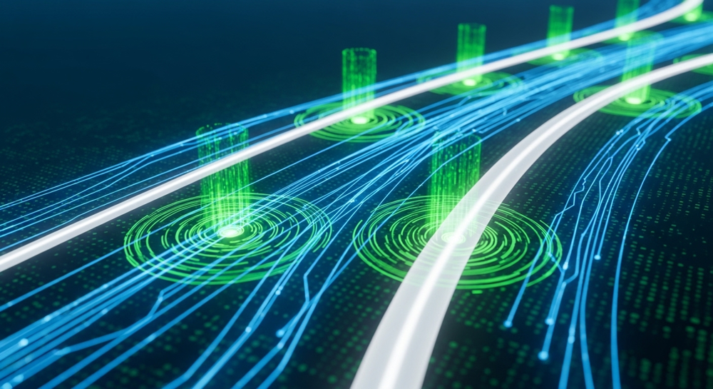 An abstract representation of invisible security and seamless user experience, showing interwoven digital pathways, subtle protective shields, and a flowing user journey without obstacles. Modern, clean aesthetic with digital blue and green hues.