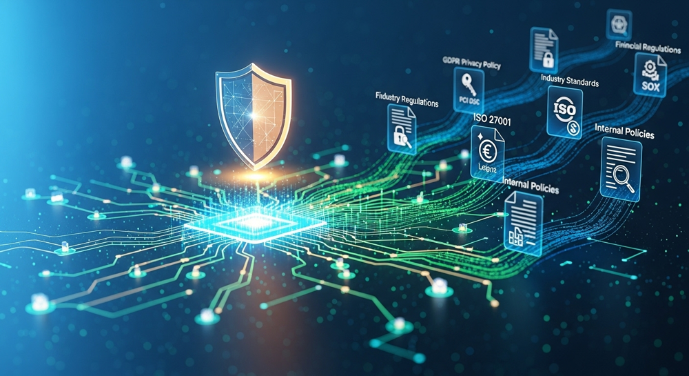 A digital illustration showing interconnected APIs represented by glowing nodes, seamlessly integrating with various compliance documents and a shield icon, against a backdrop of complex regulatory frameworks. The overall aesthetic should be modern, secure, and efficient, reflecting digital transformation in compliance.