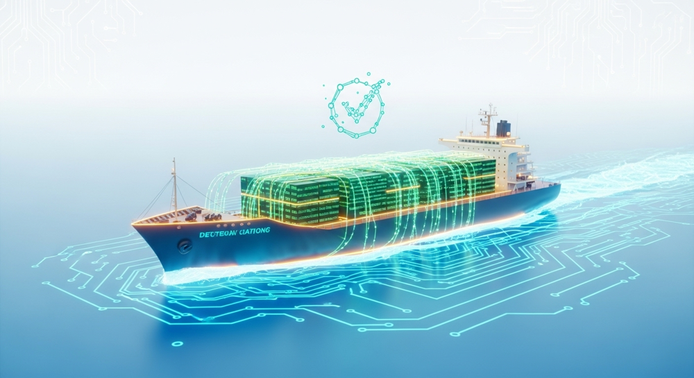 A stylized illustration of a cargo ship navigating through a digital ocean, with lines of code and data flowing around it, symbolizing complex data checks and compliance. The ship has a protective shield or a glowing aura, representing security and successful screening. Modern, clean aesthetic, focus on compliance and technology.