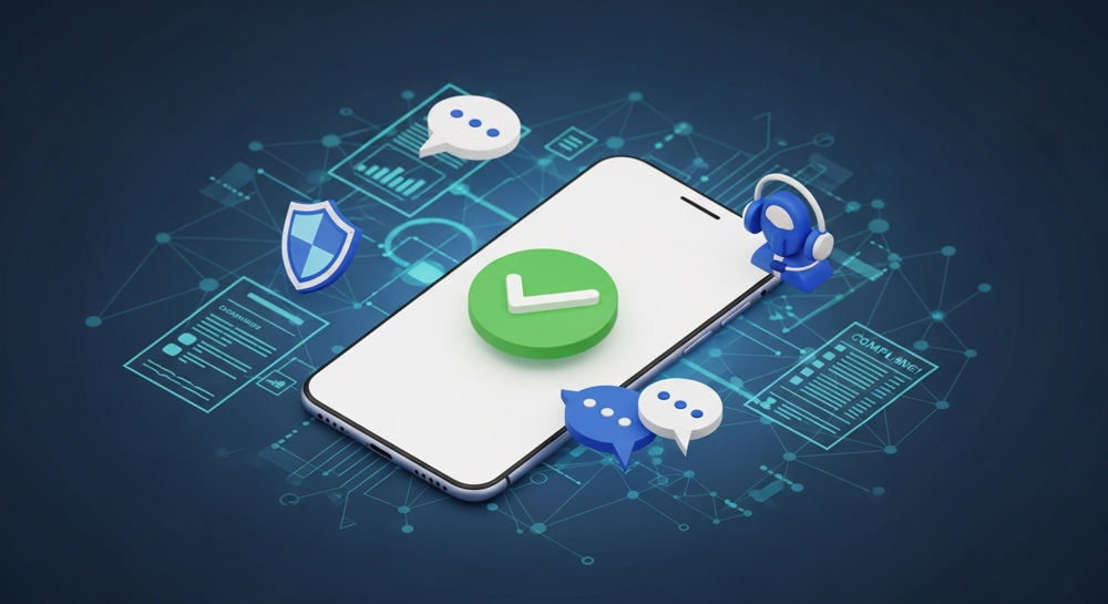 A vibrant digital illustration showing a mobile phone screen with a checkmark, surrounded by icons representing security, customer support, and seamless communication, with a subtle background suggesting data flow and compliance forms.