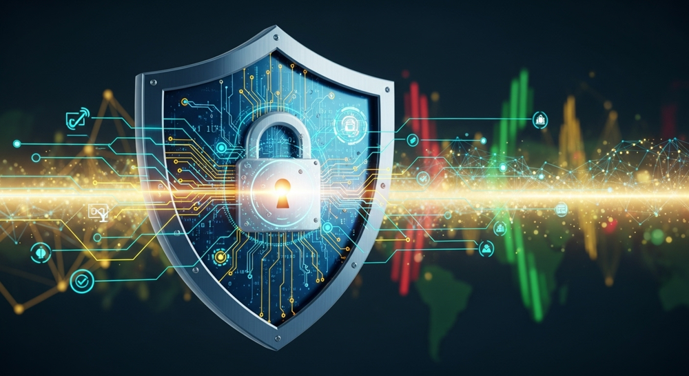 A digital illustration of a shield with a padlock icon, overlaid with network lines and data points, symbolizing security and compliance in a fintech environment. In the background, abstract representations of global financial transactions.