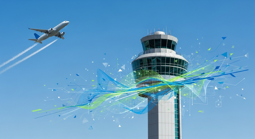 A modern airport control tower with a clear blue sky, a sleek airplane taking off, and abstract lines representing data flow and connectivity, symbolizing compliance and security in aviation.