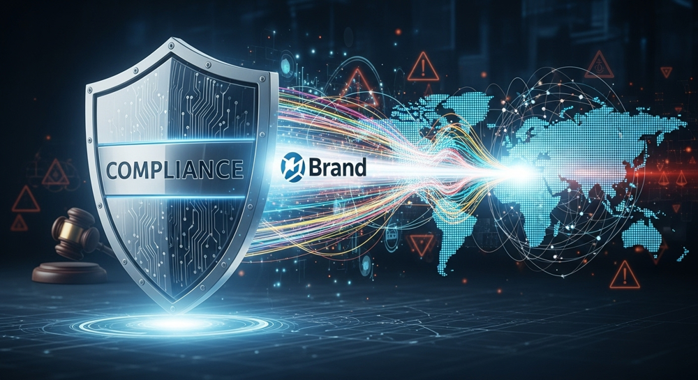 A powerful and intricate digital illustration depicting a shield protecting a corporate logo, with complex data streams and global network lines flowing around it. The shield is labeled "Compliance," and the logo is "Brand." The background suggests a complex global financial landscape, with subtle hints of risks like legal symbols or warning signs kept at bay by the shield.