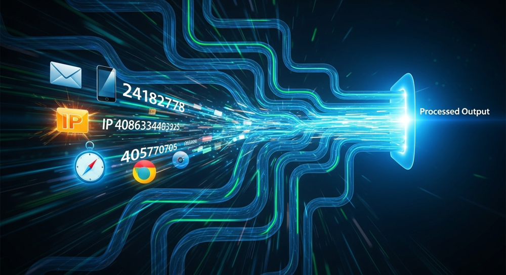 An abstract, digital illustration showing data flowing efficiently through pipelines, with icons representing emails, mobile phones, IP addresses, and browsers, all converging into a clean, processed output. Emphasize speed and large volume.