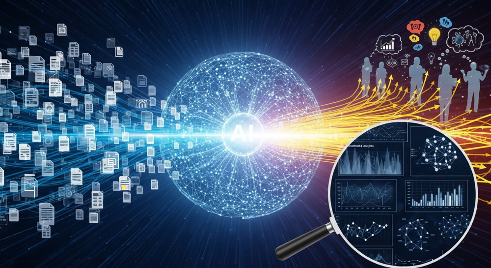 Abstract representation of data flowing from diverse documents into a central AI brain, with insights radiating outwards to business decision-makers. Use vibrant digital art style, incorporating elements of graphs, magnifying glass, and neural networks.
